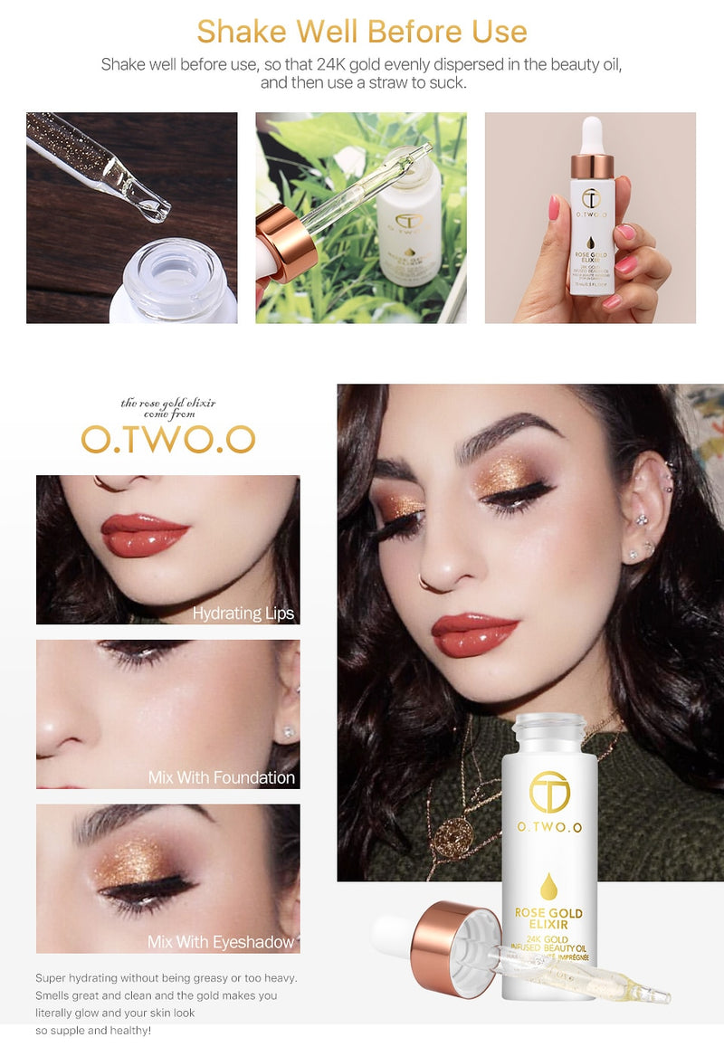 O.TWO.O - Óleo Facial Hidratante para Branqueamento, Óleo Essencial de Maquiagem, Cuidado com a Pele, Elixir Ouro Rosa 24k, Anti envelhecimento para todos os Tipos de Pele! - MG Shop Store